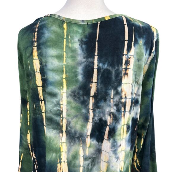 Ninedaily Top Women Sz XXL Green Yellow Rayon Stretch Asymetric Boho Artsy Tunic - Picture 6 of 11